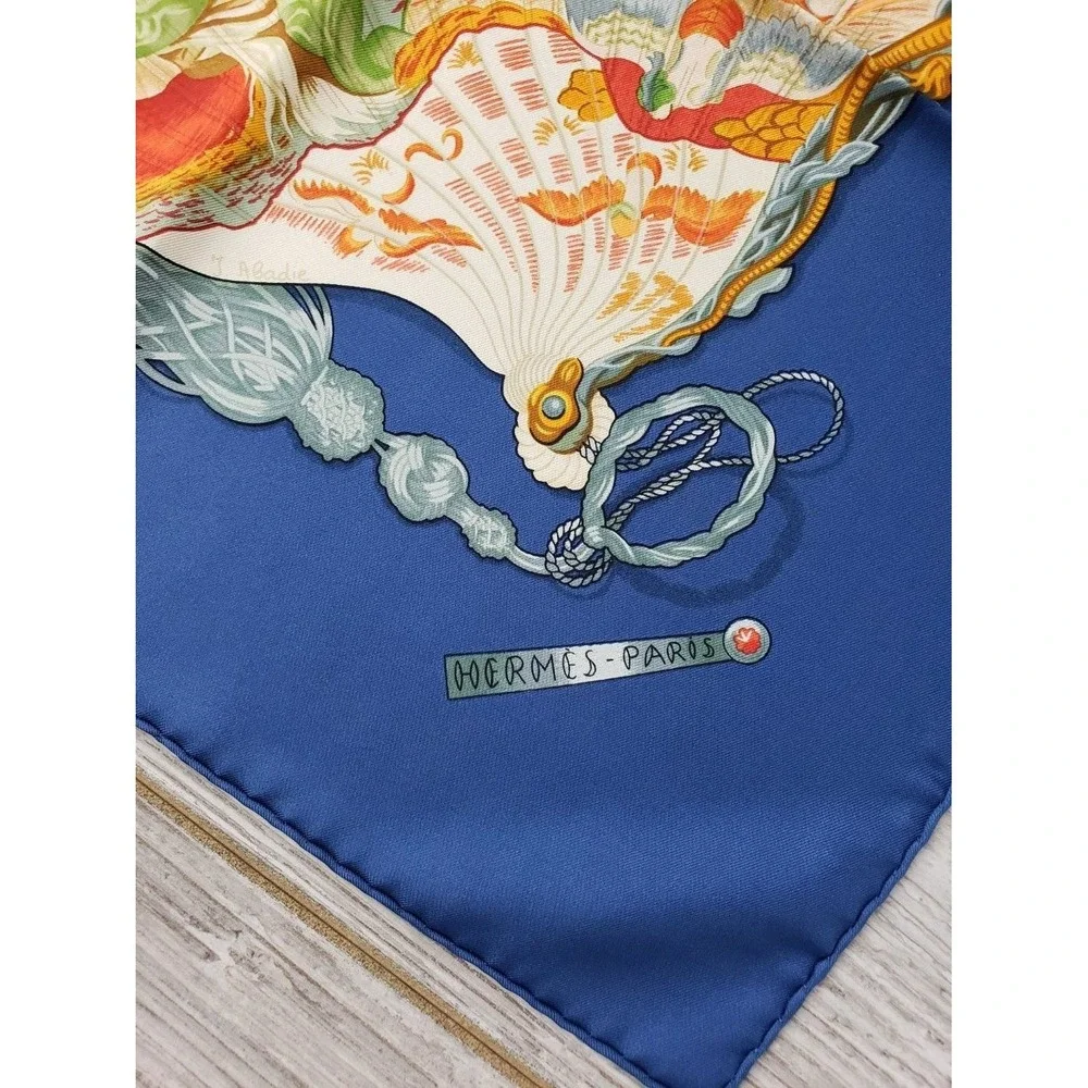 Hermès Brise de Charme 35in Silk Scarf Blue Equestrian Fan Design w Box